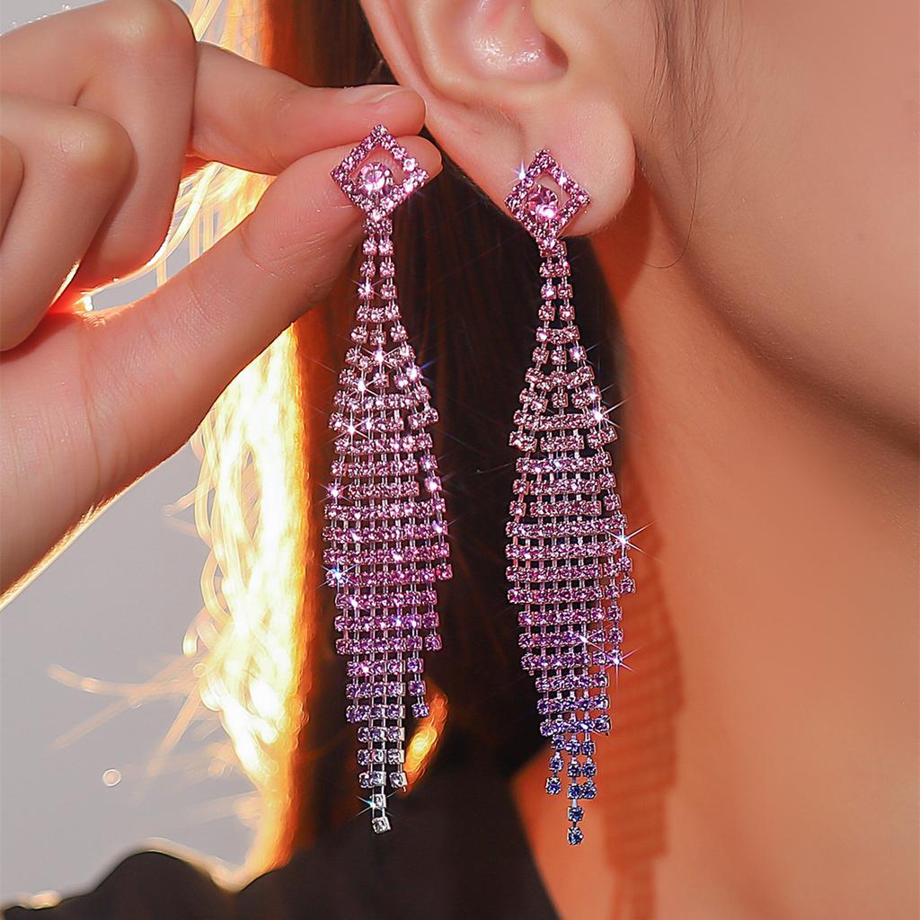 Fashion Gradual Change of Color Super Flash Full Diamond Long Fringed Earrings