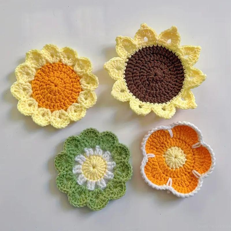 Flower Crochet Coasters Handmade Cute Coasters Knitted Drink Coaster Coffee Cup Mat Home Office Desktop Decoration Creative Gift