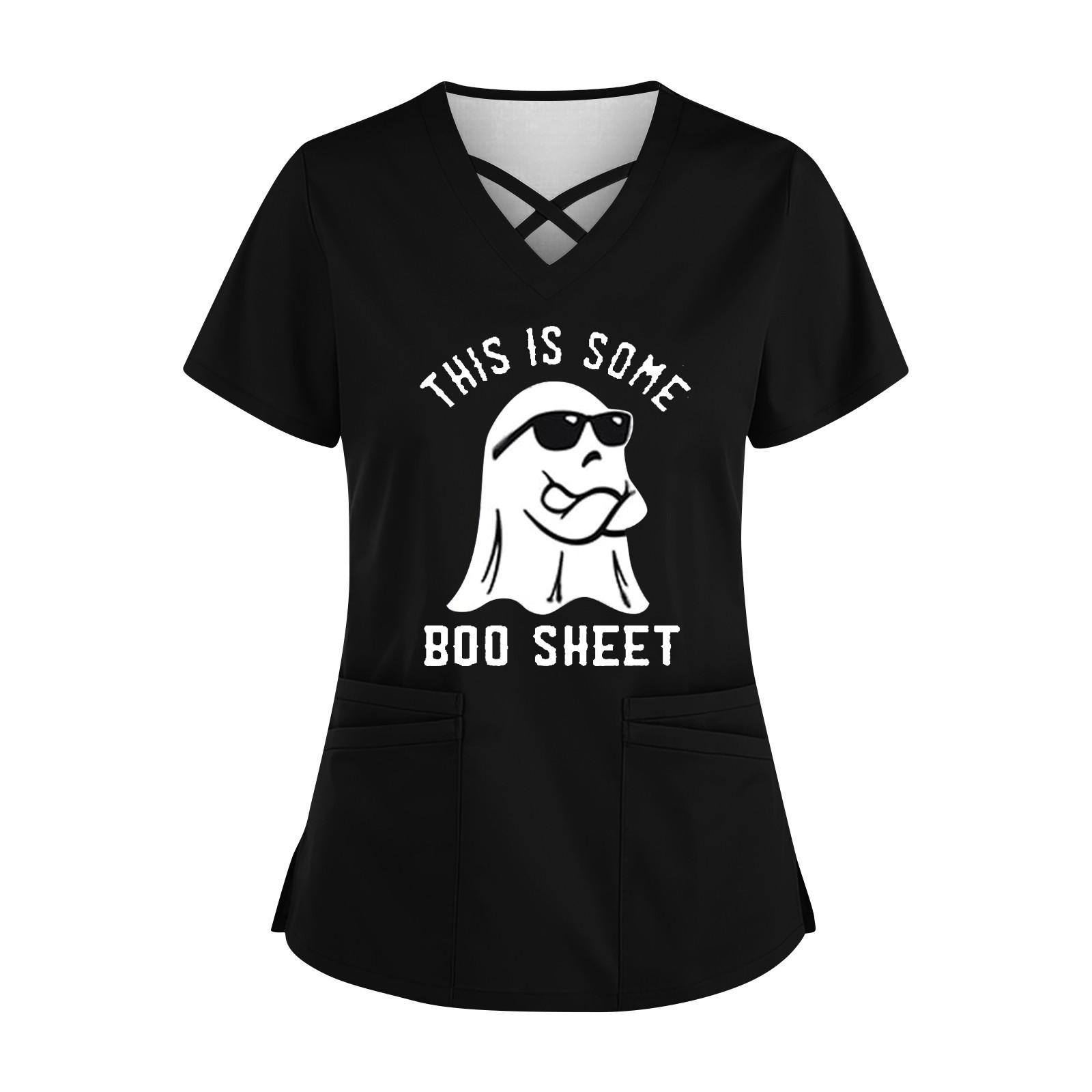 

Женская униформа с принтом на Хэллоуин, рабочая форма с v-образным вырезом и карманом, защитная рабочая форма XXL белый