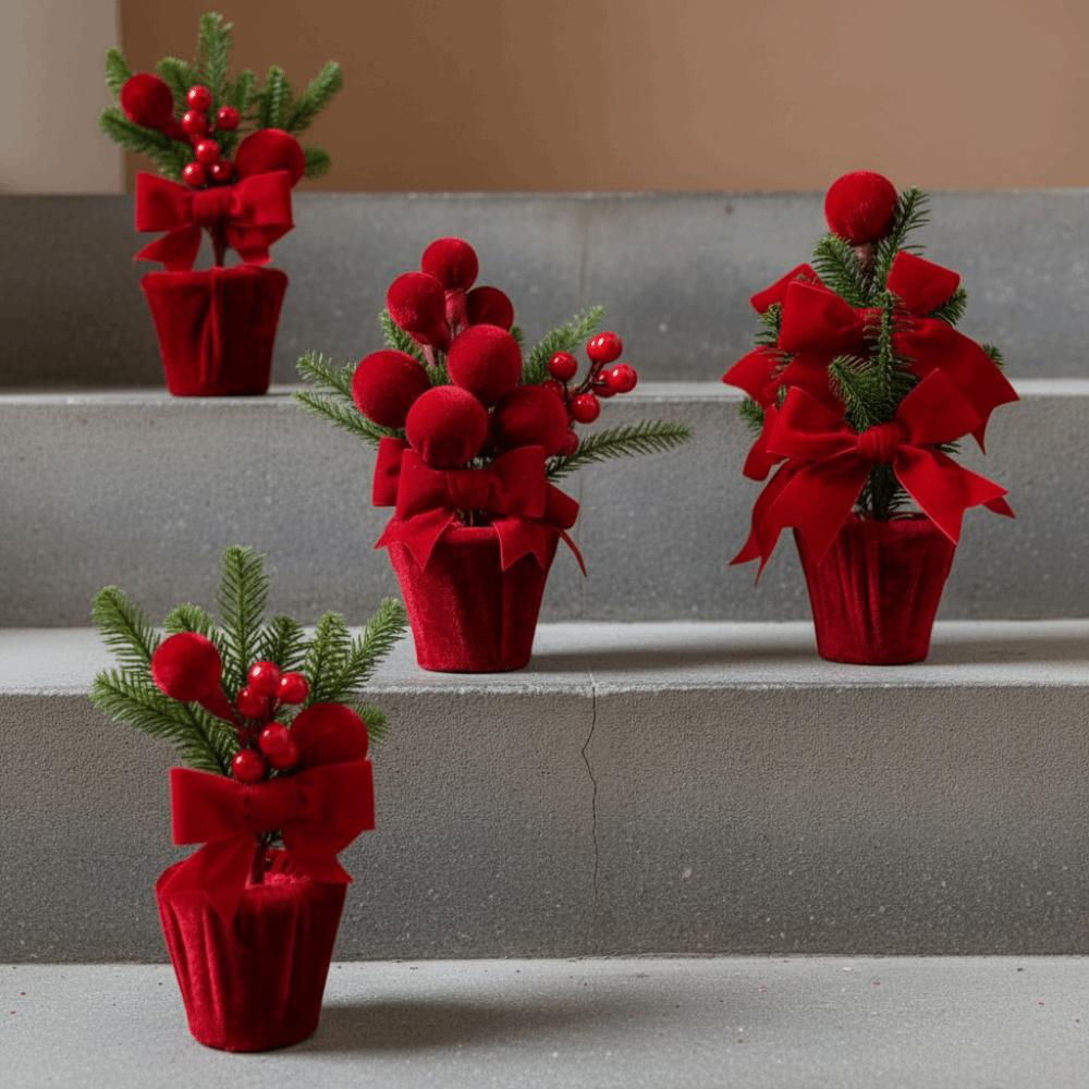 Artificial Pine Branches and Berries Red Christmas Ball Potted Plant Desktop