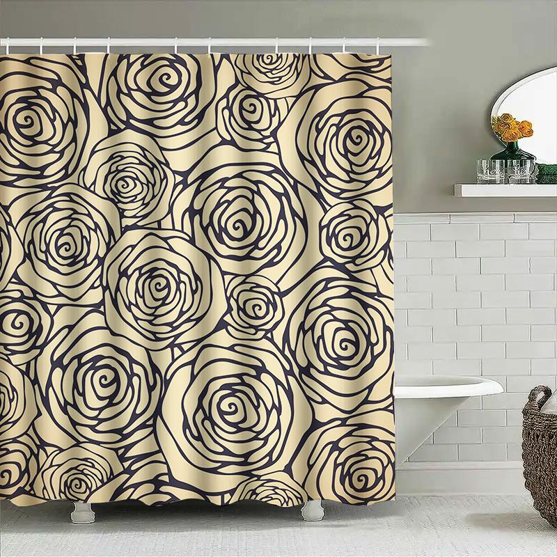 Rustic Vintage Bathroom Decorfloral Print Shower Curtain Set For Home Bath Remodeling Black Rose Cream Fabric Waterproof Shower