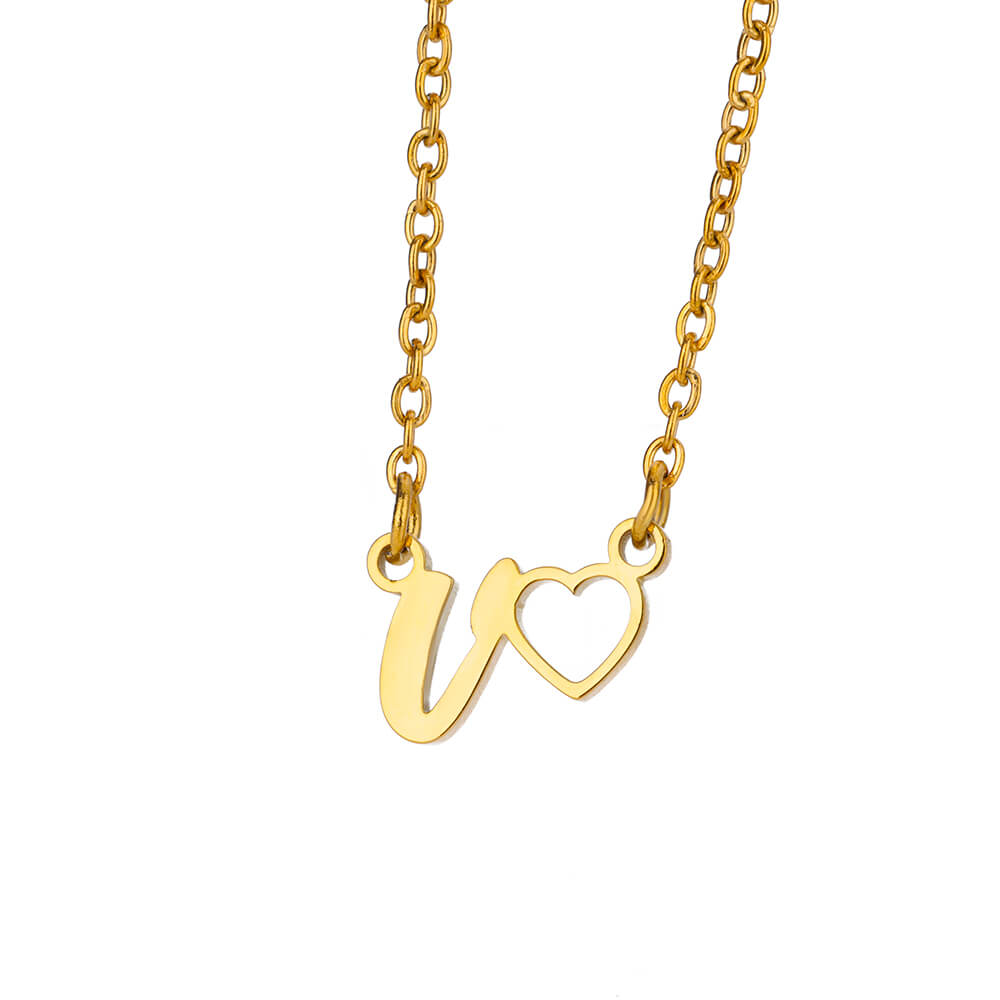 Fashion Initial Pendant Necklace For Women Letter Name Hollow Out Heart Charm Stainless Steel Gold Color Chain Jewelry Gift