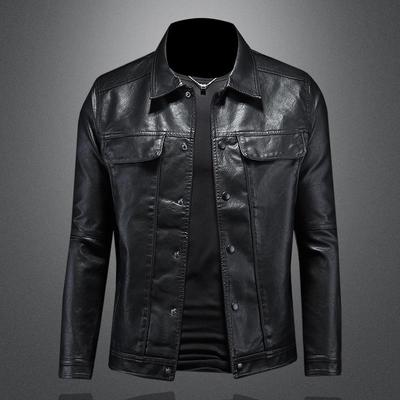 Chaqueta de Cuero para Motocicleta para Hombre de Corte Ajustado con Cuello Solapa - Ropa Exterior Casual de Moda