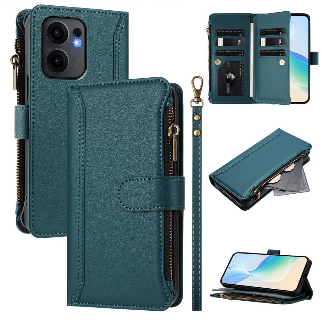 For Oppo Reno13 F 5G (Reno 13 FS 5G)/4G Leather Case 9 Card Slots Zipper Wallet Stand Phone Cover with Wrist Strap
