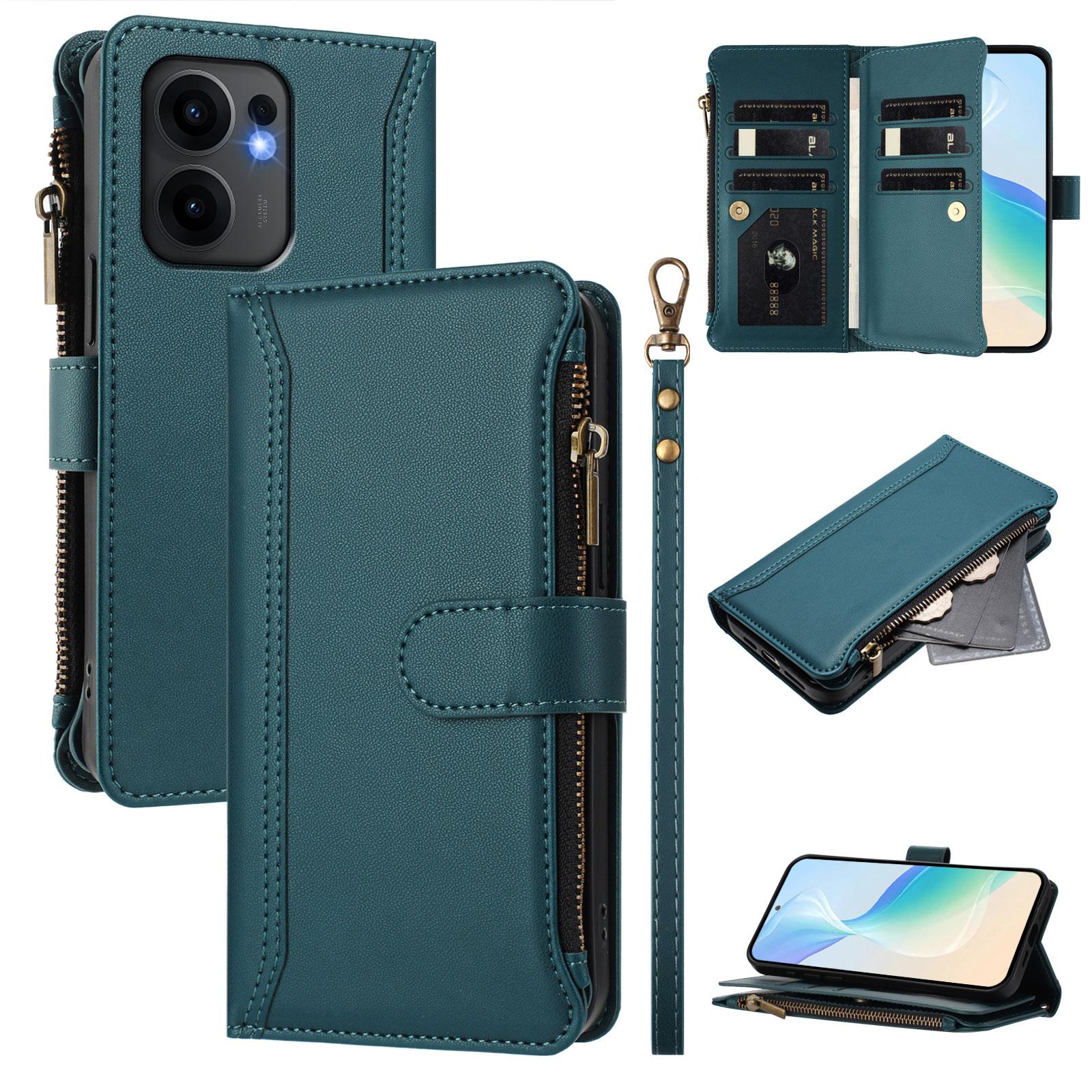

For Oppo Reno13 F 5G Leather Case 9 Card Slots Zipper Wallet Stand Phone Cover with Wrist Strap Dark Green