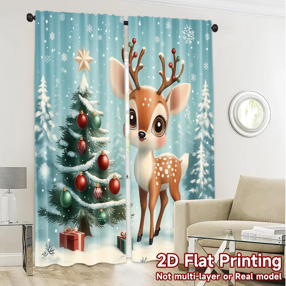 2pcs  Curtains Cute Reindeer Christmas Tree Snow Chic Fashionable Curtains Versatile Polyester Curtains Versatile All Suitable