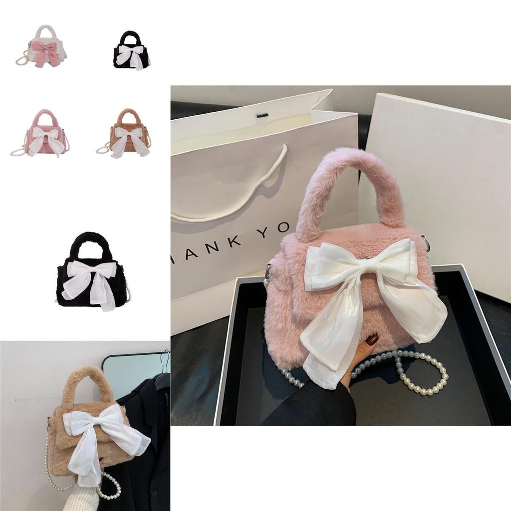 Charming Fluffy Crossbody Purse For Girls Sweet Plush Bag With Bow Street Style