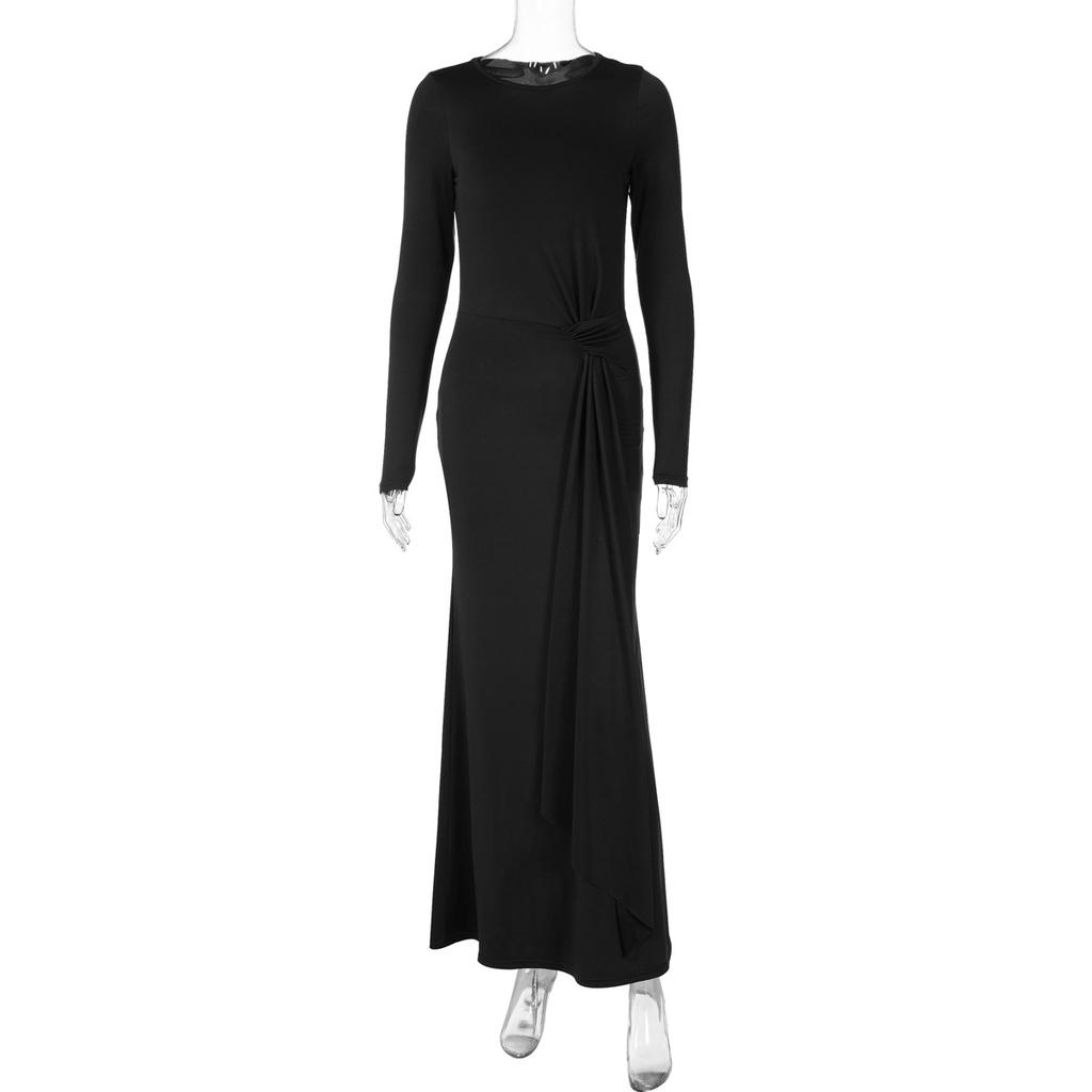 Solid Color Round Neck Long Sleeve High Waist Slim Fit Women Elegant Party Dress