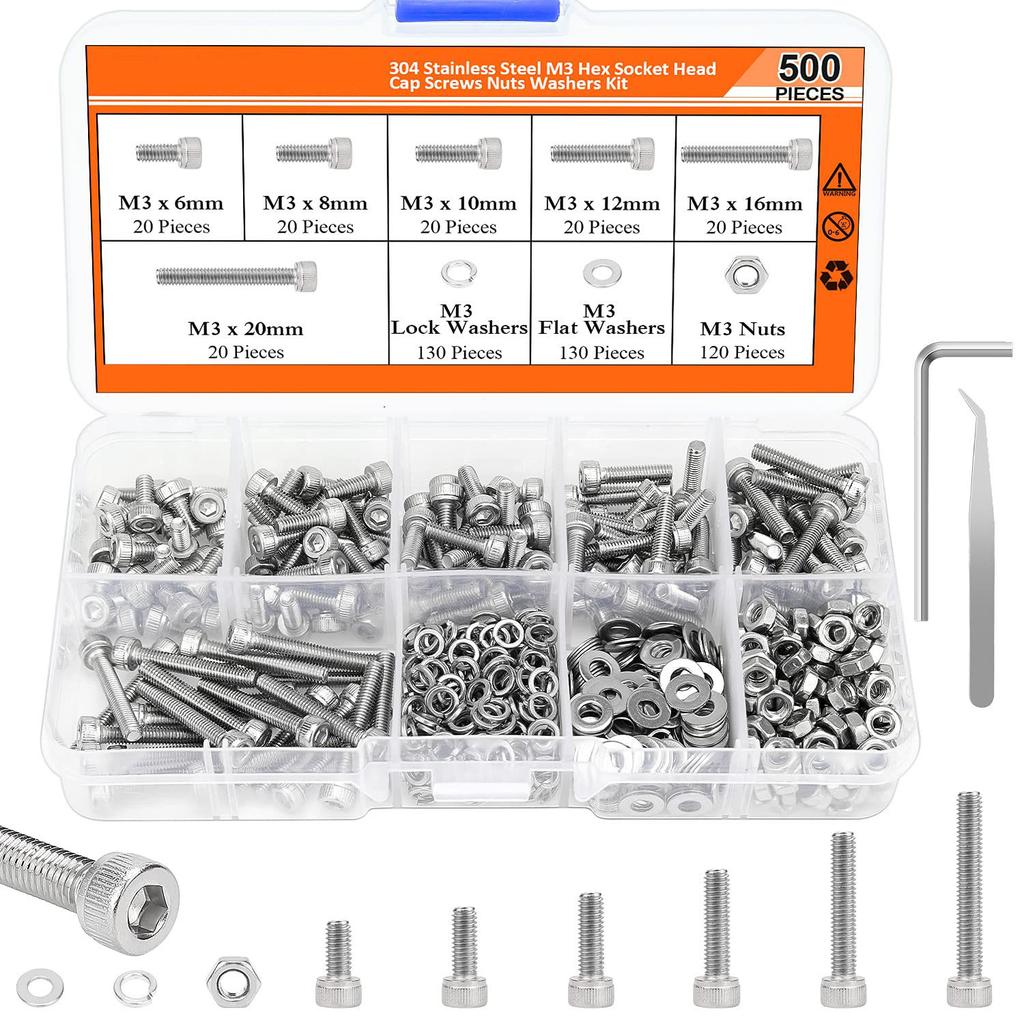 660/500Pcs Cylindrical Head Hexagonal Screw Female Flat Elastic Pad Combination Set M3 Hexagonal Screw