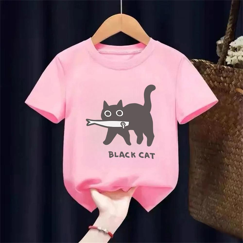 Fun A Black Cat Eating Fish Japanese Style kids TShirt Fashion Print T Shirt Breathable TShirts Cotton Clothes
