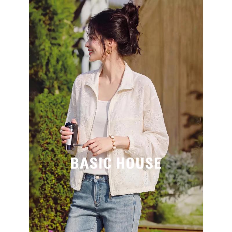 Basic House Women s Hollow-Out Embroidered Sun Protection Cardigan M