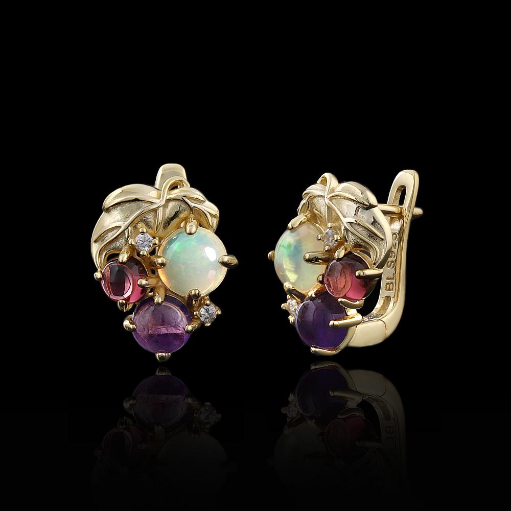 Women's Grape-Shaped Earrings with Natural Opal Amethyst Garnet Gemstones 925 Sterling Silver Fine Jewelry