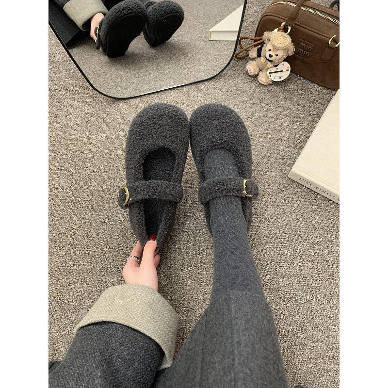 Gray Mary Jane Mao Mao shoes women's winter new woolen single shoes women's flat-bottomed velvet thermal cotton shoes