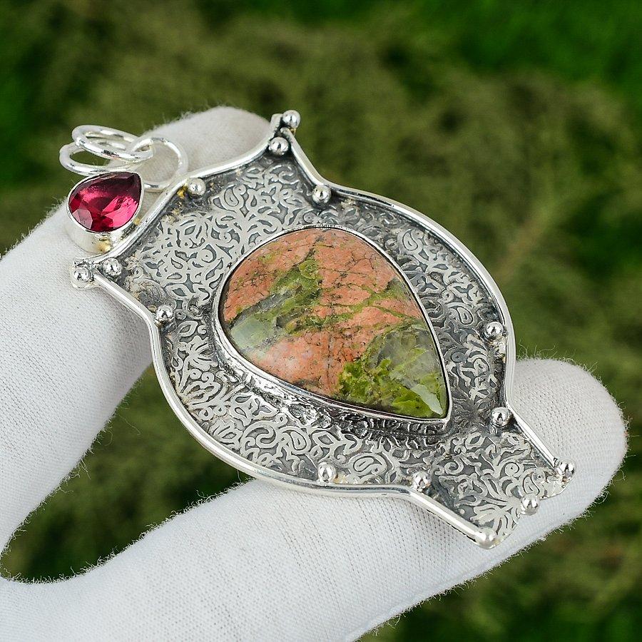 

Friendship Day Sale Unakite Gemstone Rubillite Sterling Silver Birthday Pendant