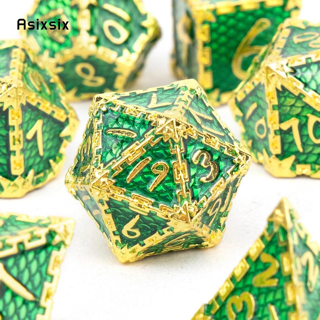 7 Stück grüne goldene Fischschuppen-Metallwürfel aus massivem Metall, polyedrisches Würfelset, geeignet für Rollenspiele, RPG-Brettspiele, Kartenspiele