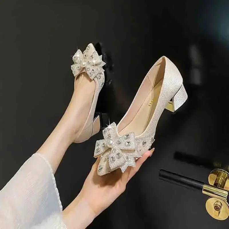 French Style Women Shoes Fashion Luxury Pumps Pointed Toe Rhinestone Bowknot High Heels Shoes Girl Dress Shoes