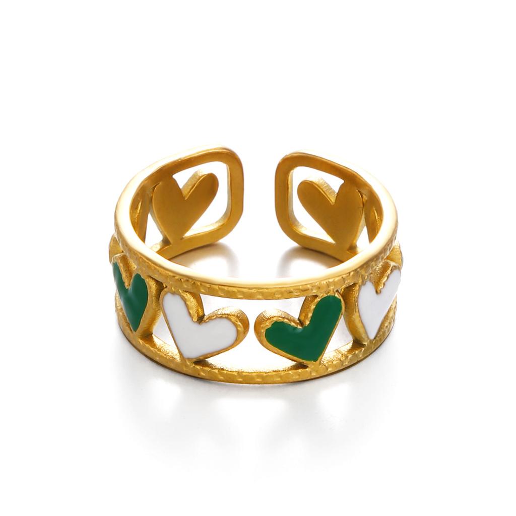 Stainless Steel Green Stone Rings for Women Men Vintage Geometric Metal Heart-Shaped Leaf Circular Open Ring Party Jewelry Gifts