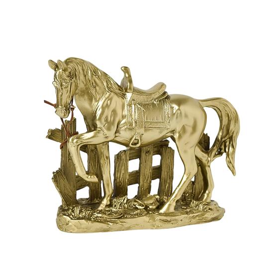 Horse Resin Figurine Rustic Fence & Galloping Pony B золотистый