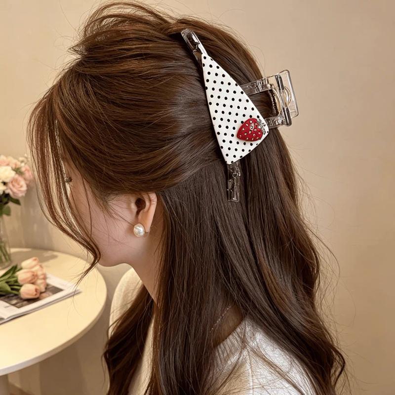 Polka Dot Hair Claw Clip With Strawberry Decor Non Slip Grip For Daily Party Womens Hair Accessory