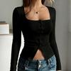 Women's Fashion Spring/Summer Color U,Neck Slim Fit Long Sleeve With Buttons , Versatile