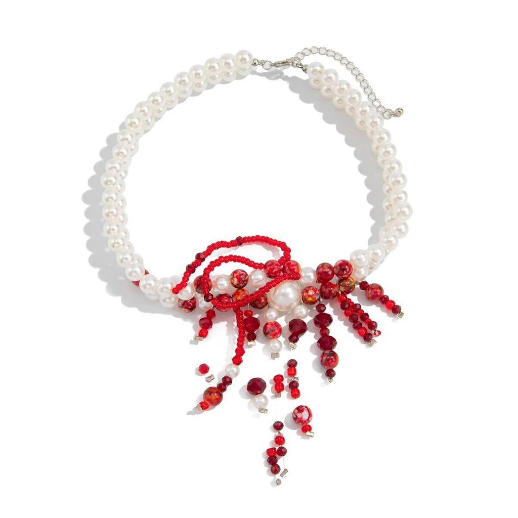 Salircon Gothic Red Crystal Blood Drop Pendant Choker Necklace Women Vintage Imitation Pearl Short Chain Halloween Jewelry Gift