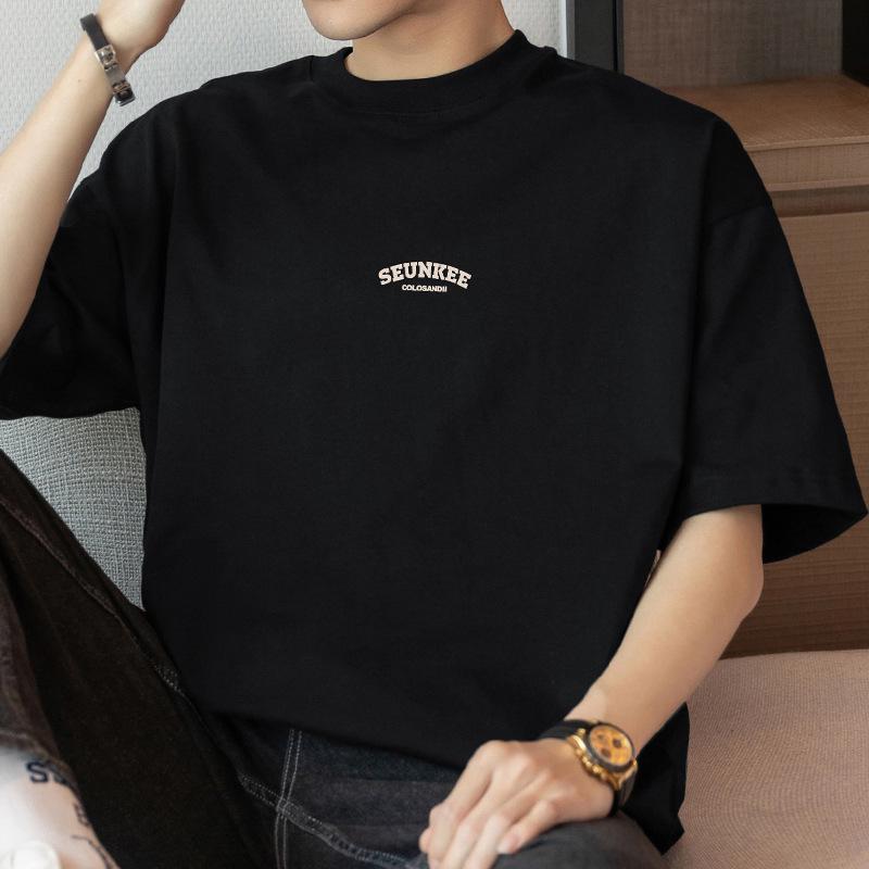 Men's Summer Heavyweight Pure Cotton Crew Neck T-shirt, 260g, Short Sleeve, Loose Fit