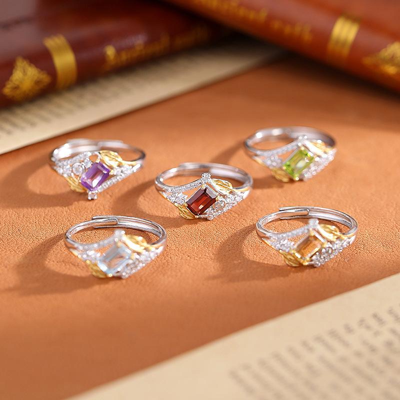 S925 Sterling Silver Natural Stone Ring Women's Fashion Niche Design Sense Rectangular Stone Position 4 * 6mm Fashion Retro Jewelry Gift