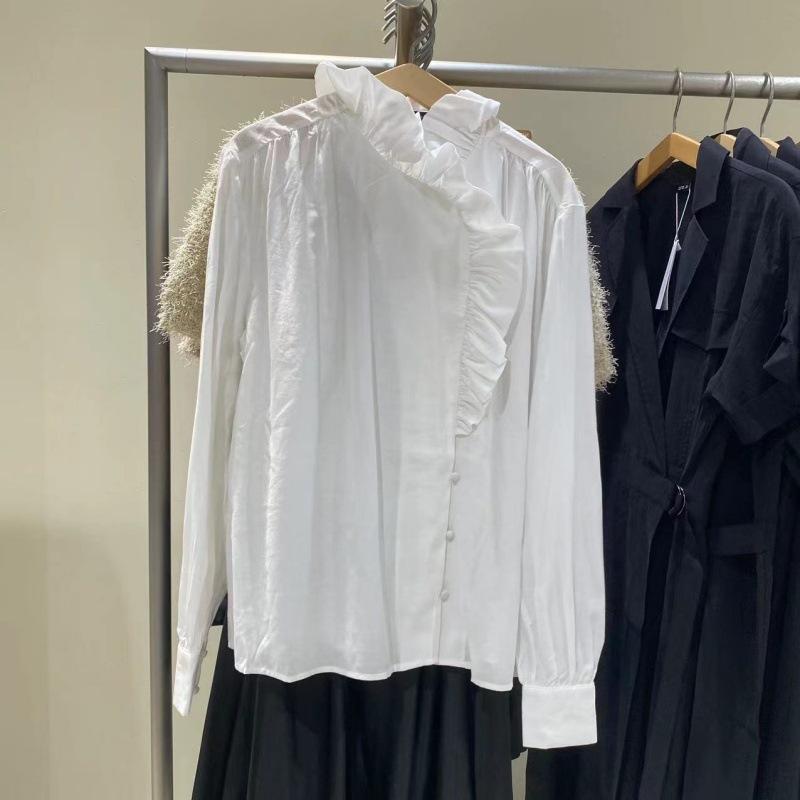 U1116 autumn new women's clothing fashionable temperament ruffle edge loose open placket solid color long-sleeved shirt UWG111116