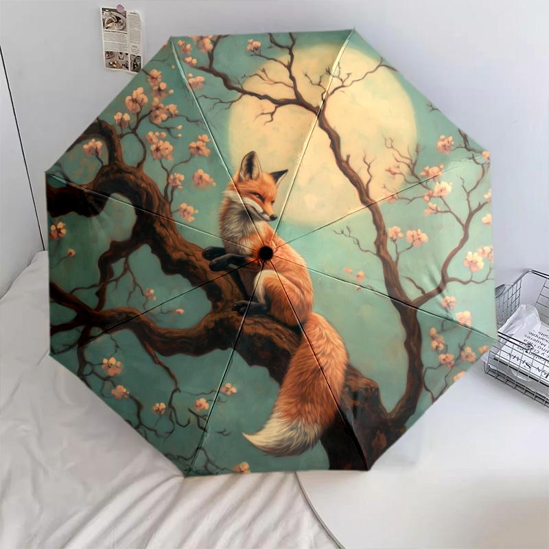 0106 Cherry Blossom Fox Pattern, Automatic Folding Umbrella, Portable and Foldable Design, 8 Ribs, a Christmas or Birthday Gift.