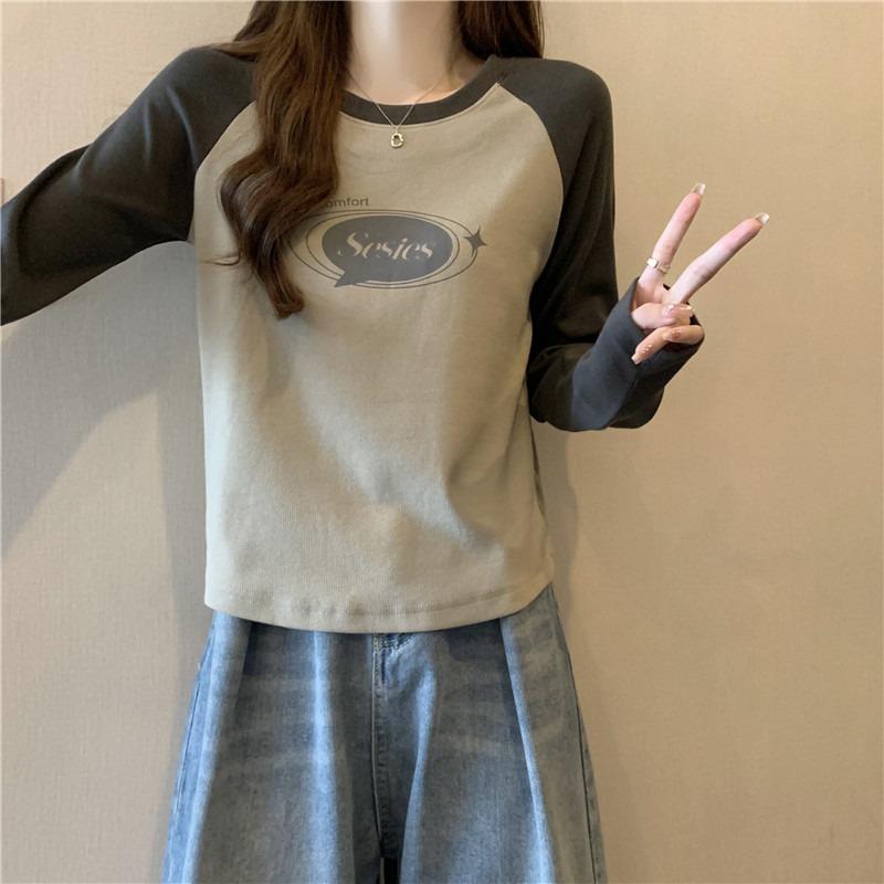Real Shot Women's Clothing Autumn and Winter Cotton Shoulder Plug Contrasting Color Y Contrasting Color Long-sleeved T-shirt Bottoming Shirt Top