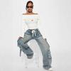 Women's Y2K Loose Fit Wide Leg Jeans Multiple Pockets Elastic Waist Denim Trousers Casual Pants