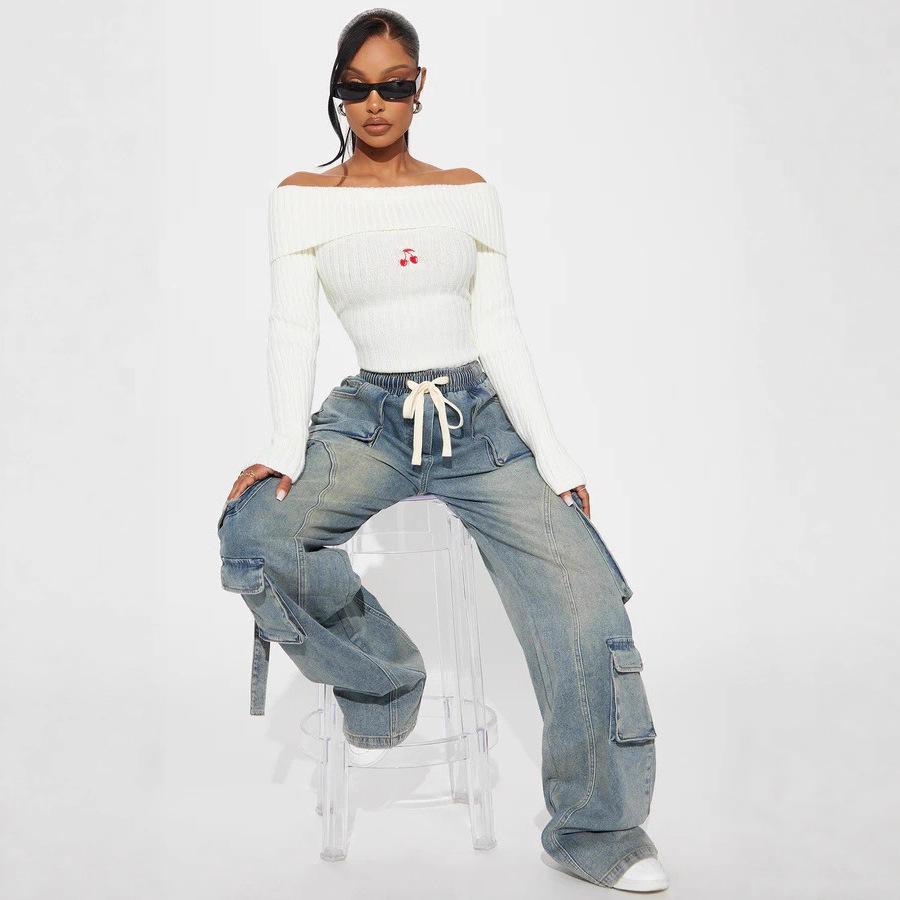Women's Y2K Loose Fit Wide Leg Jeans Multiple Pockets Elastic Waist Denim Trousers Casual Pants