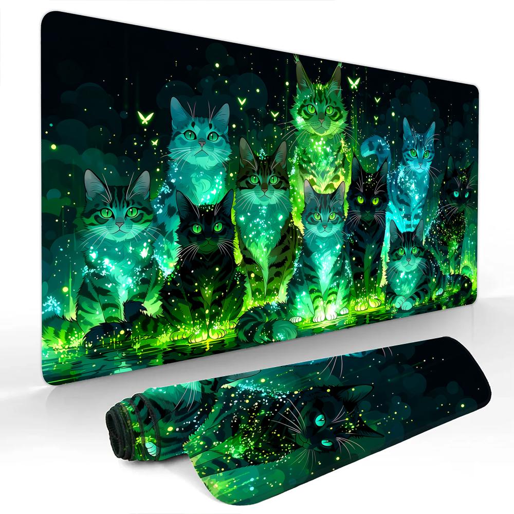Fantasy Wald und Katzen Großes Mauspads Schreibtischunterlage Gaming-Matten mit Genähtem Rand Langlebig Rutschfest Computer-Mauspad Büro-Teppich