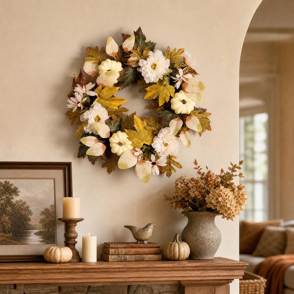 45cm Fall Pumpkin and Hanging Wreath for Thanksgiving Front Door Decor