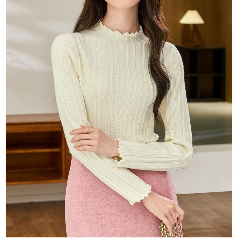 Bottom shirt women's spring and autumn inner wear new semi-turtleneck fungus edge knitted sweater medium neck long sleeve slim sweater