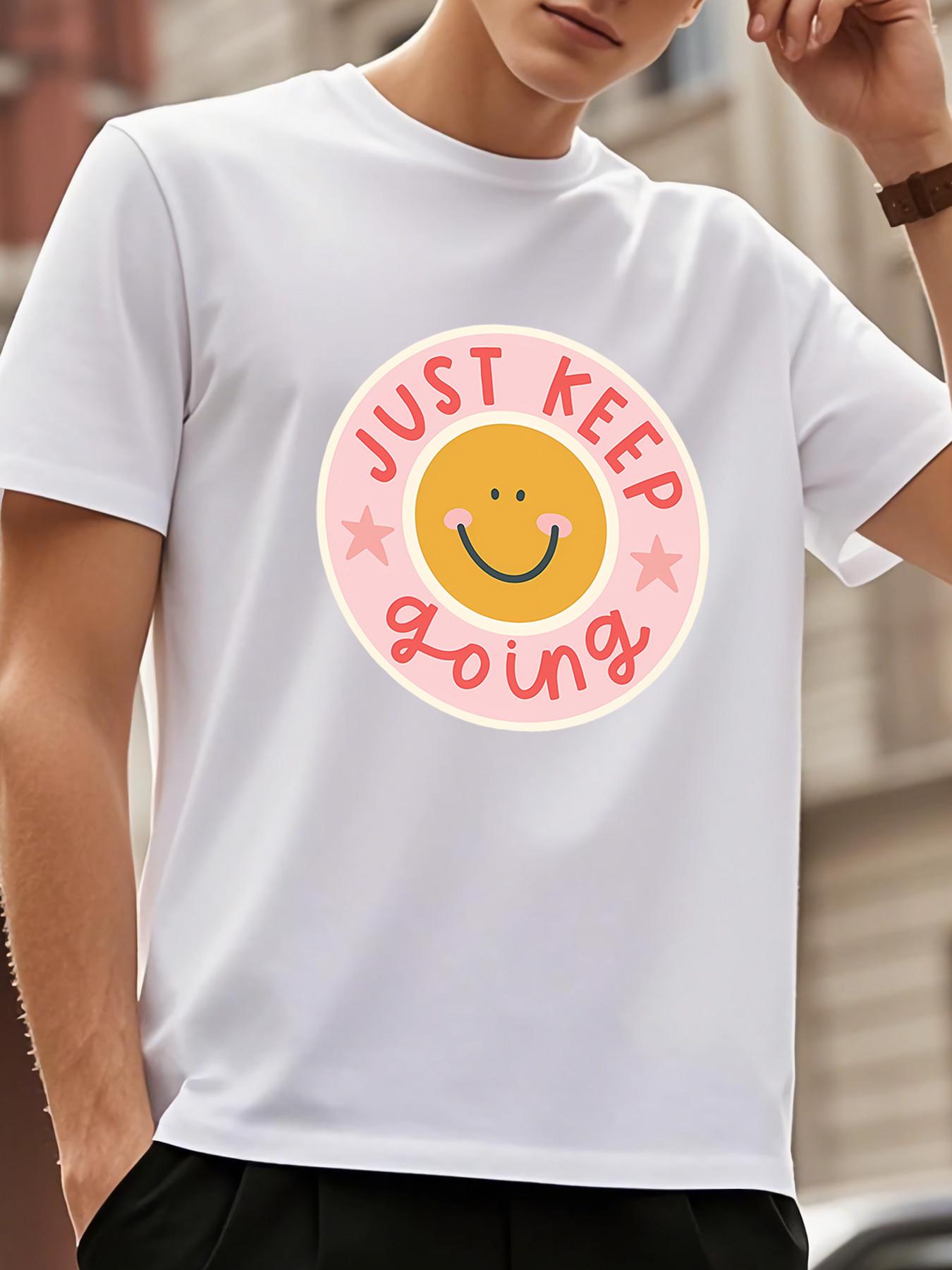 

European sizes Face & Keep Going Motivational T-Shirt - Pink joyful & White Print Round Neck Casual Tee 4XL білий