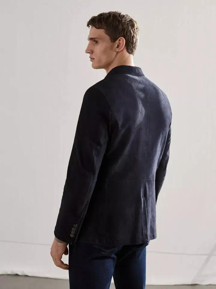 Stylish Men's Dark Blue Soft Suede Leather Blazer Handmade Formal Party Casual