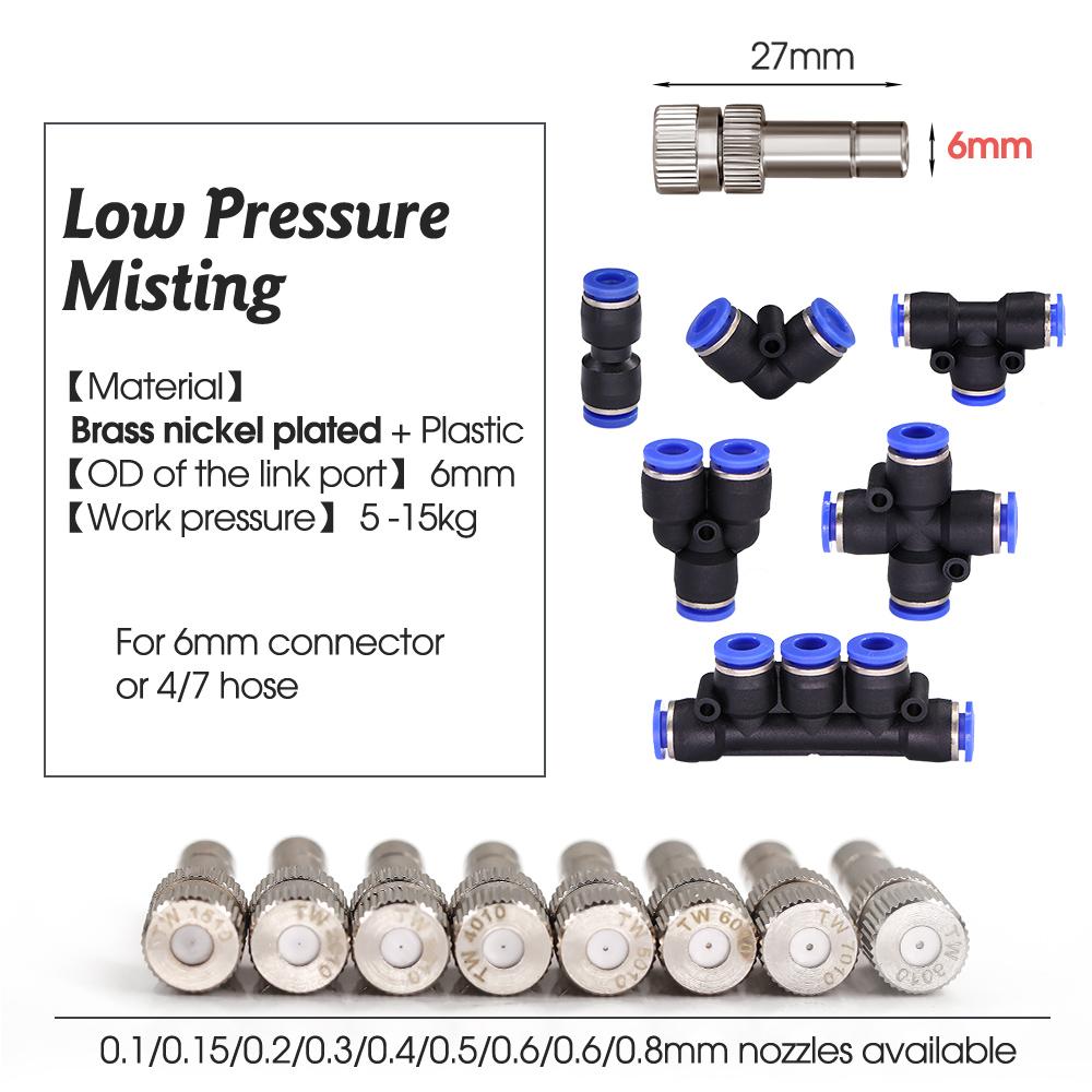 6-type 6mm Low-pressure Misting Nozzles Fine Atomization Sprayer Garden Irrigation Cooling Humidification Quick Insert Slip Lock