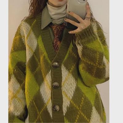 2022 Retro Groene Diamant Cardigan Trui - Losvallend, Dik, Knus, Herfst/Winter Stijl voor Dames