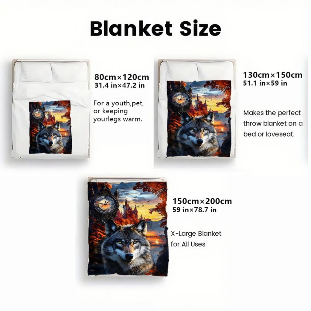 Wolf Castle Sunset Clock Fantasy Landscape Flannel Blanket Gothic Art Throw Blanket Halloween Decor Cozy Bed Cover MythicalTheme