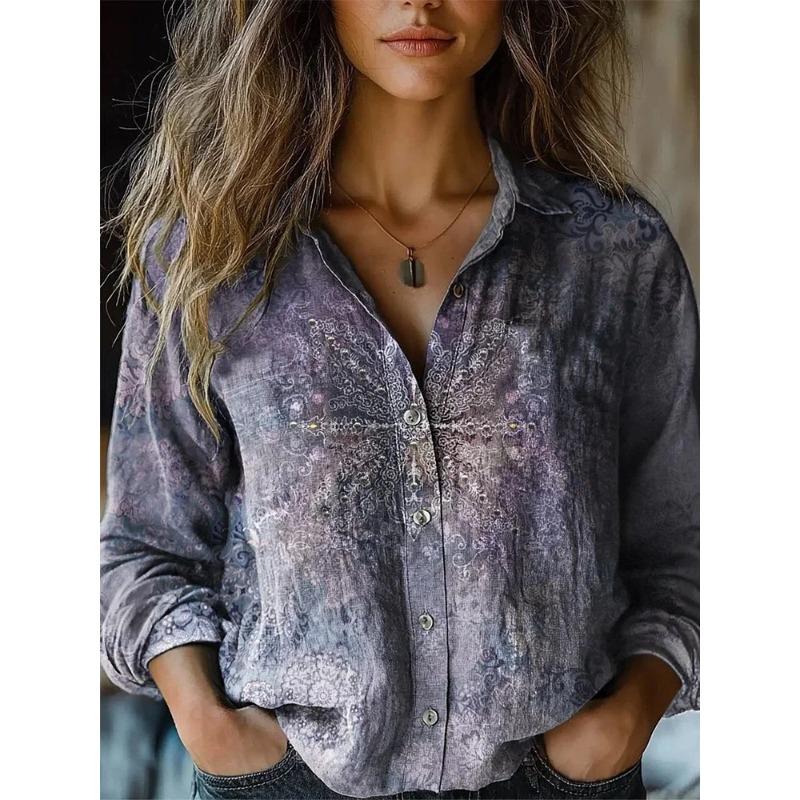 Women's Spring and Summer New Retro Printing Long-sleeved Casual Shirt Imitation Cotton and Linen Shirt