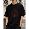 Men's Oversized Black T-Shirt With Red Rabbit And Floral Line Art Graphic, Short Sleeve Crewneck Tee For Streetwear Daily Wear