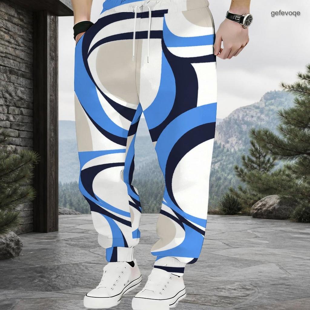 Men s Plus Size Black White Geometric Printed Drawstring Cuffed Ankle Jogger Pants With Side Pockets