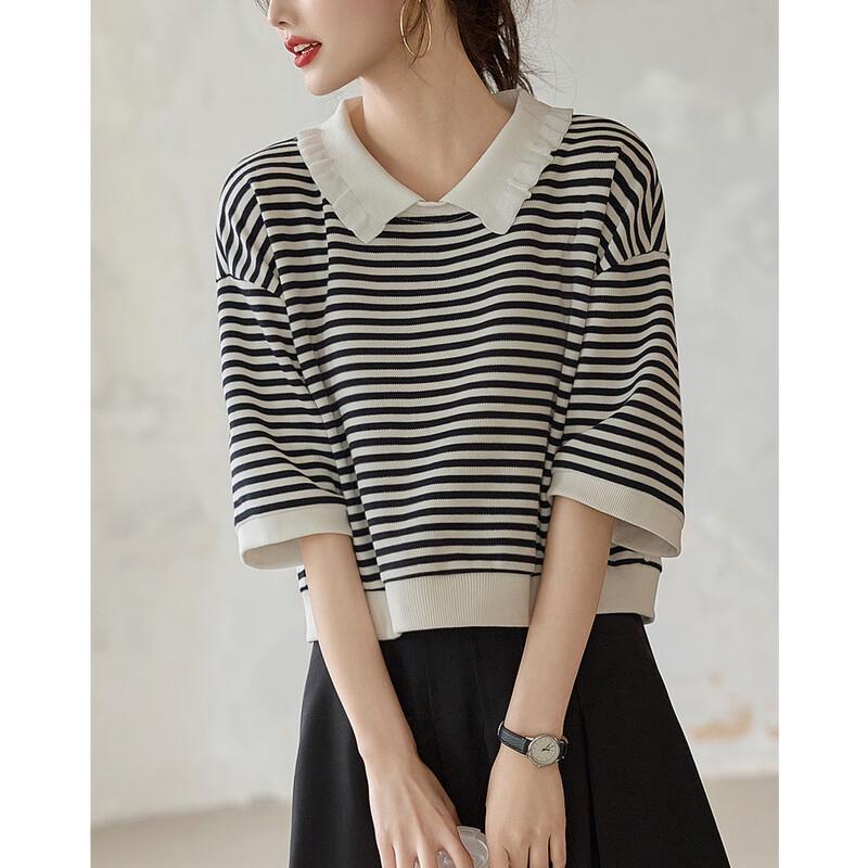 Demana Japanese Collegiate Striped Doll Collar 3/4 Sleeve Sweatshirt S