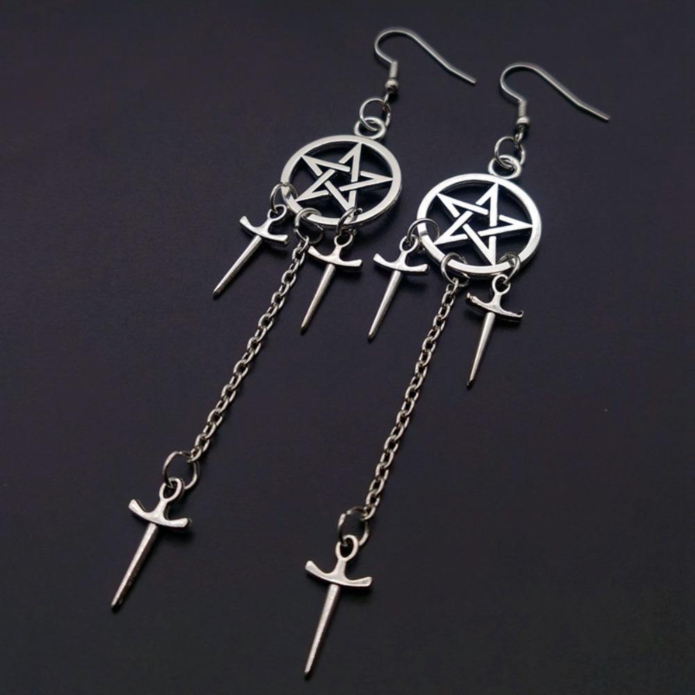 Personality Gothic Sliver Color Five-pointed Star Sword Dagger Tassels Dangle Earrings for Women Hallowmas Party Jewelry Gifts
