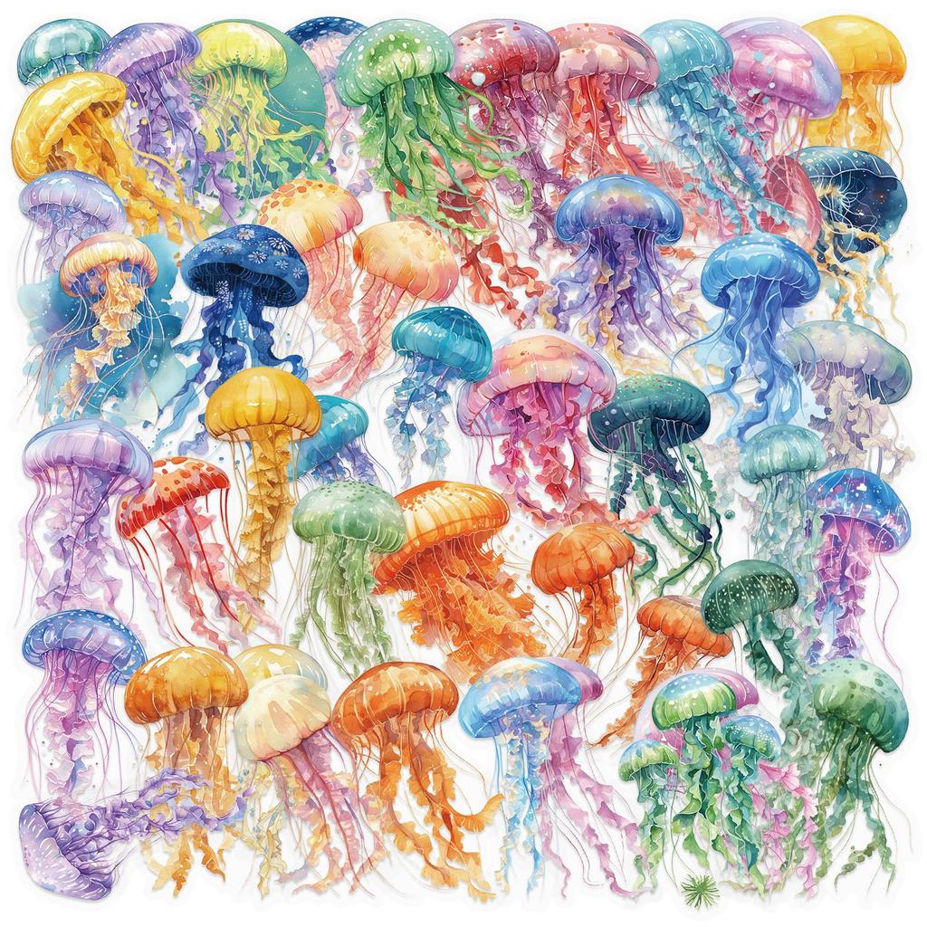 50 Transparent Cartoon Color Jellyfish Sticker Pack Waterproof Transparent PET Hand Account Decorative Guitar Notebook