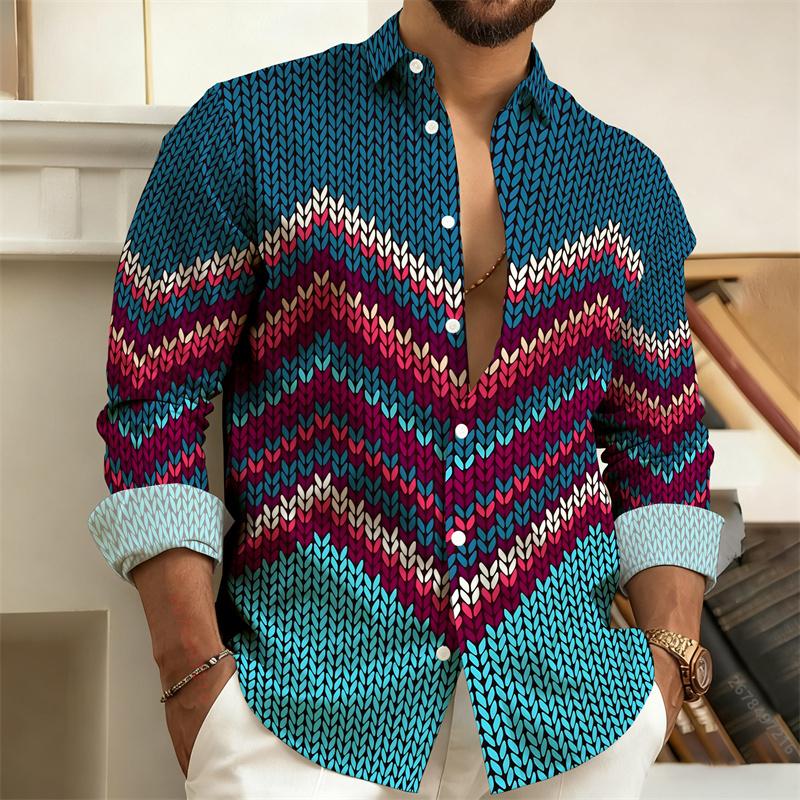 Nuova Camicia da Uomo Geometrica Color-Block Stampata in 3D a Maniche Lunghe, Elegante Camicia da Uomo, Streetwear da Esterno