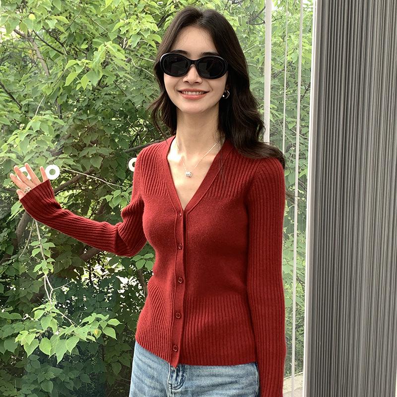 Women's Slim Fit V-Neck Cashmere Cardigan - 2024 Autumn/Winter Solid Color Knit Top
