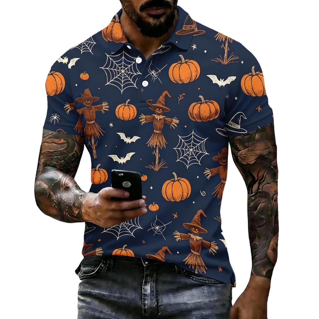 Men's Halloween Print Vintage Texture Short Sleeve Polo Shirt Loose Breathable Summer Sports Streetwear Casual Everyday Top
