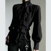 Harajuku Vintage Black Bottoming Shirt Women Stand Collar Ruffles Slim Blouses Japanese Victorian Long Sleeve Blusas De Mujer